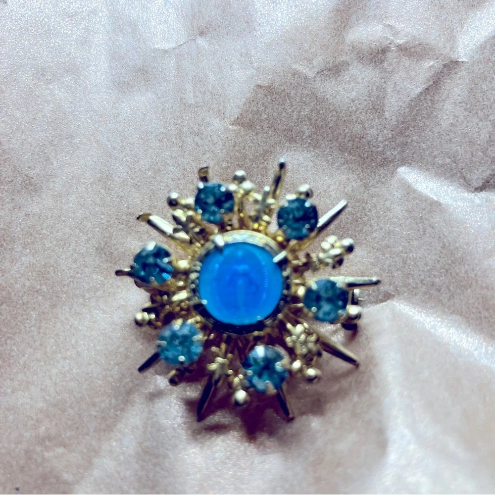 Vintage Virgin Mary Brooch Miraculous Mary Blue Rhinestones